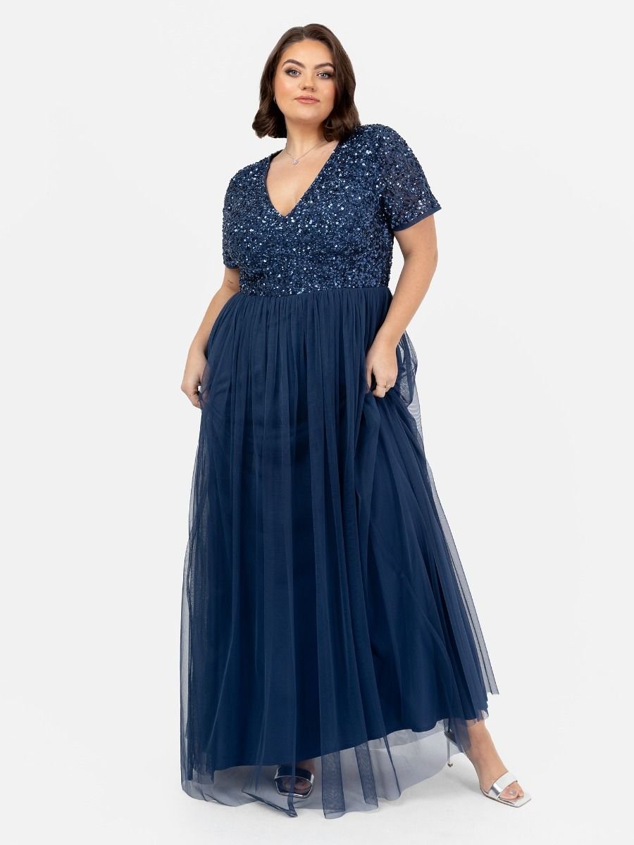 Maya Deluxe Maya Deluxe Women's Short Sleeve V Neck Embellished Maxi Dress in Navy - 2