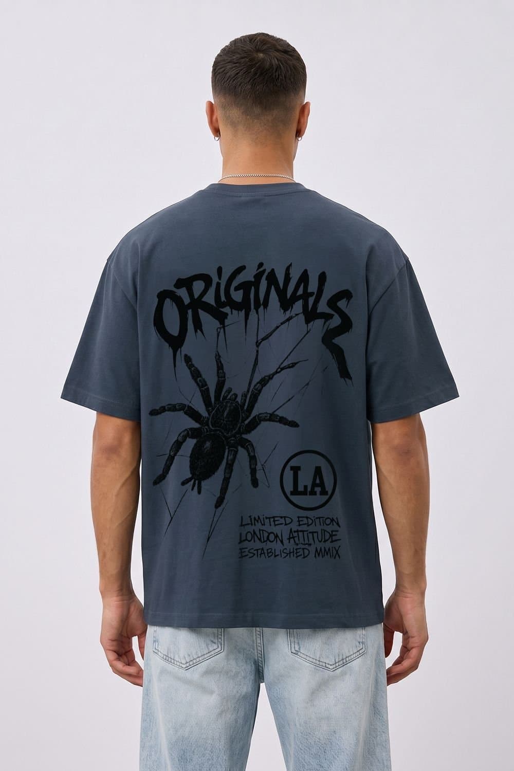 LONDON ATTITUDE LONDON ATTITUDE Men's Originals Oversized Heavyweight Spider T-Shirt in Blue