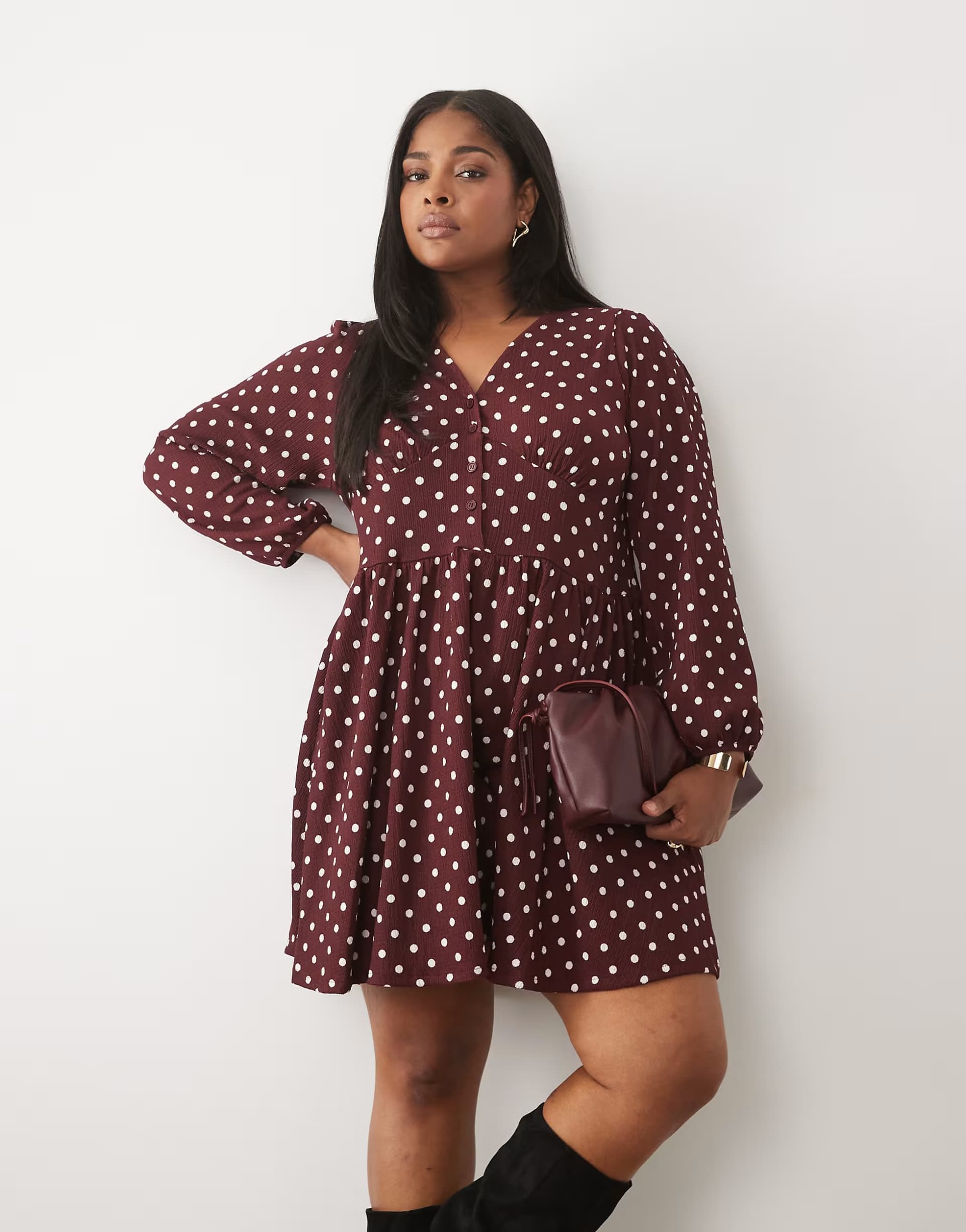 ASOS New Look Curve long sleeve empire waist detail mini dress in burgundy polka dot