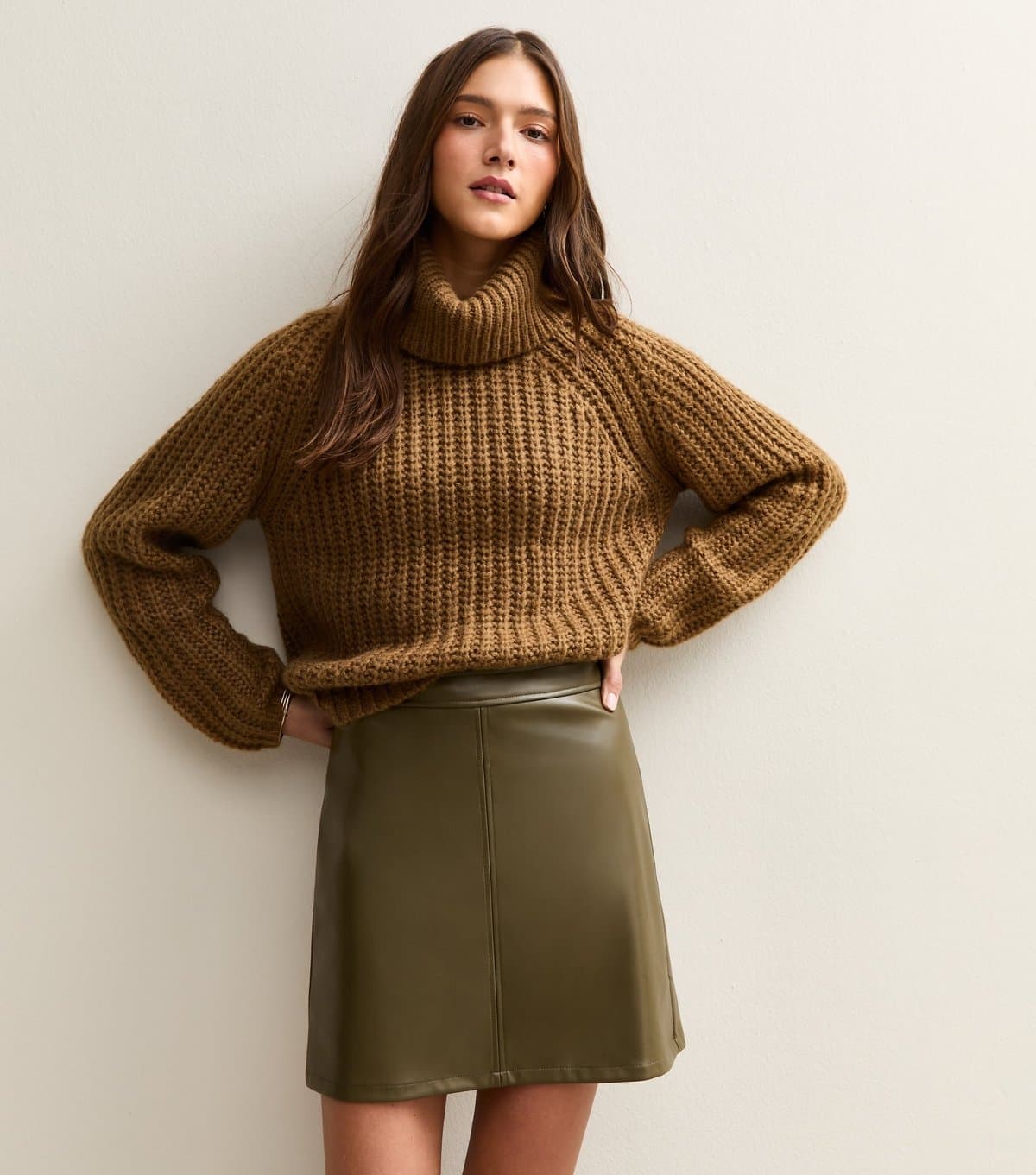 New Look Women's Khaki Faux Leather A-line Mini Skirt New Look