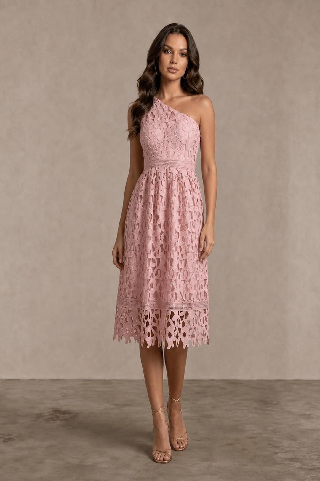 Chi Chi London One Shoulder Premium Lace Midi Dress In Blush Pink