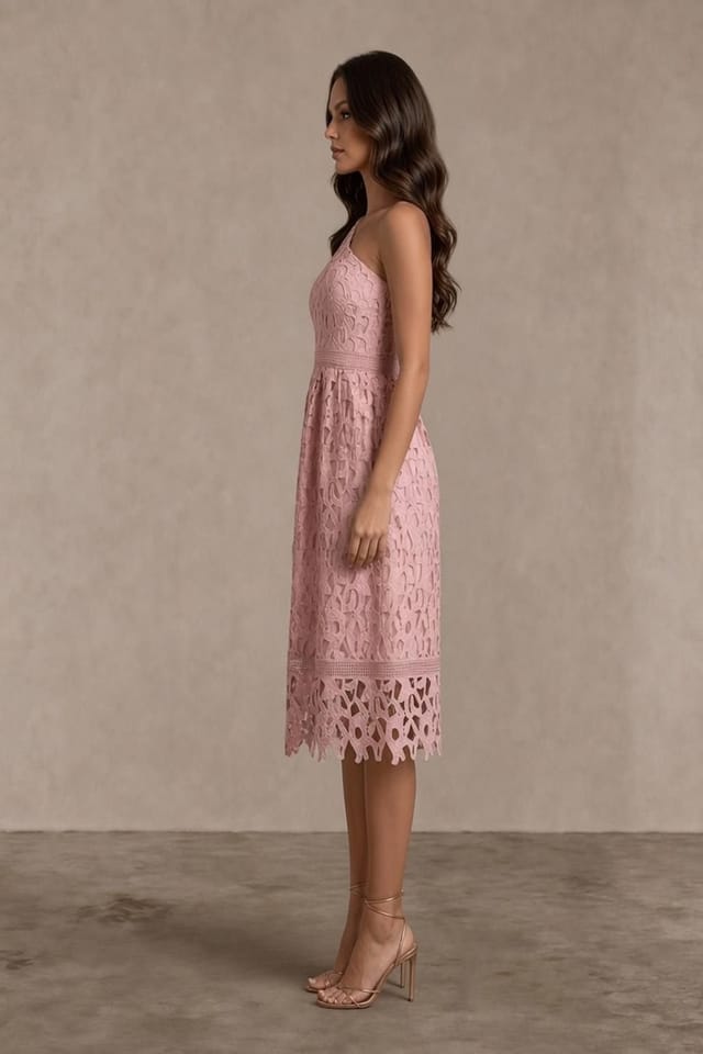 chi chi london Chi Chi London Women's One Shoulder Premium Lace Midi Dress in Blush in Pink - 2