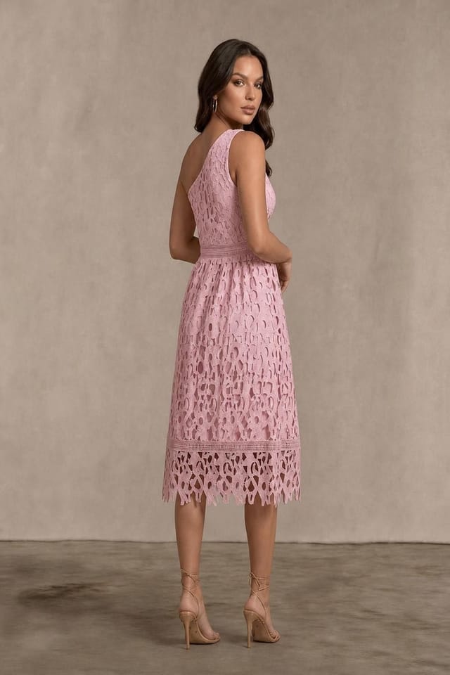 chi chi london Chi Chi London Women's One Shoulder Premium Lace Midi Dress in Blush in Pink - 3