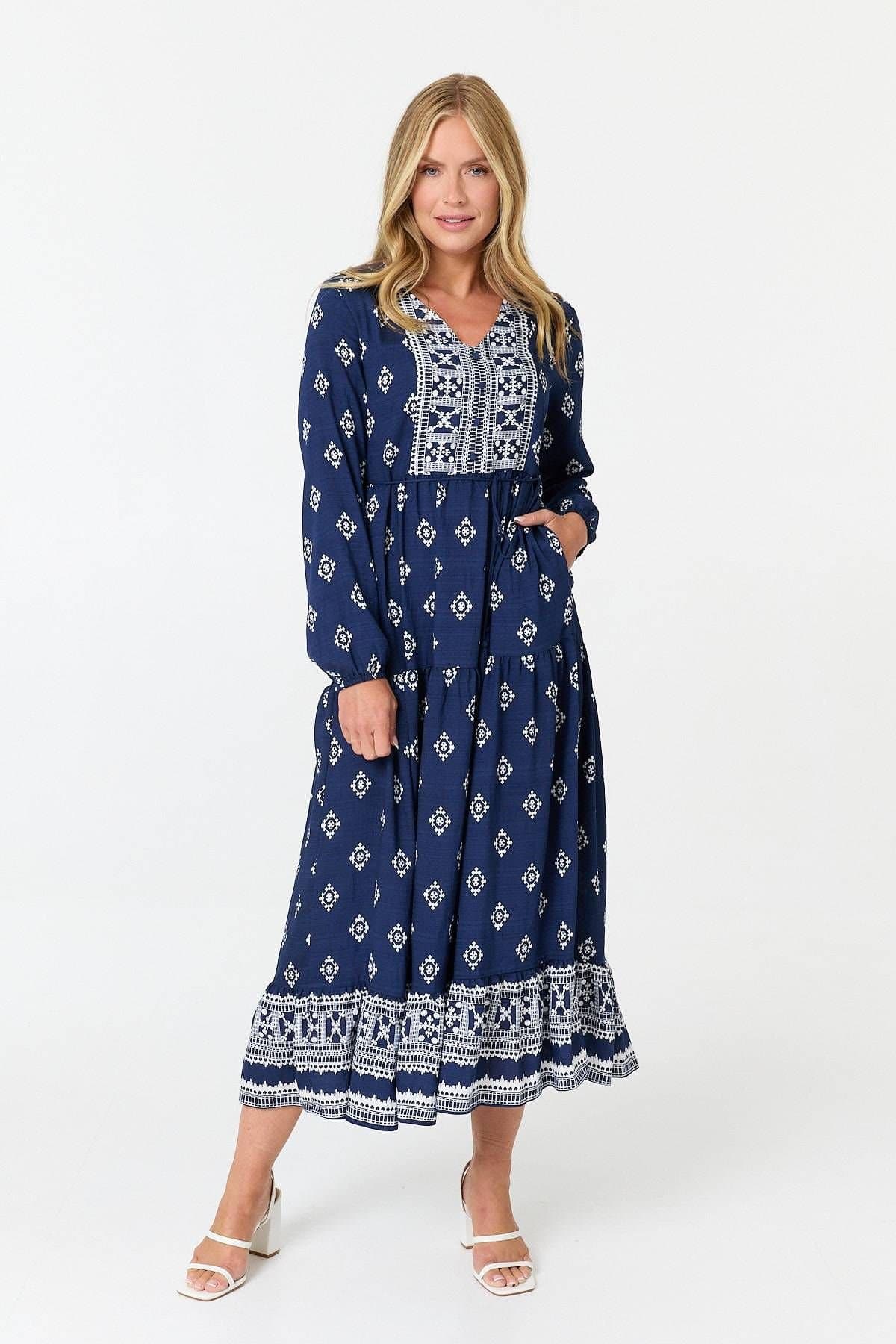 Izabel London Izabel London Women's Printed Long Sleeve Smocked Maxi Dress in Navy