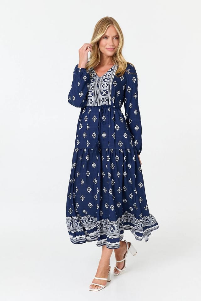Izabel London Izabel London Women's Printed Long Sleeve Smocked Maxi Dress in Navy - 2
