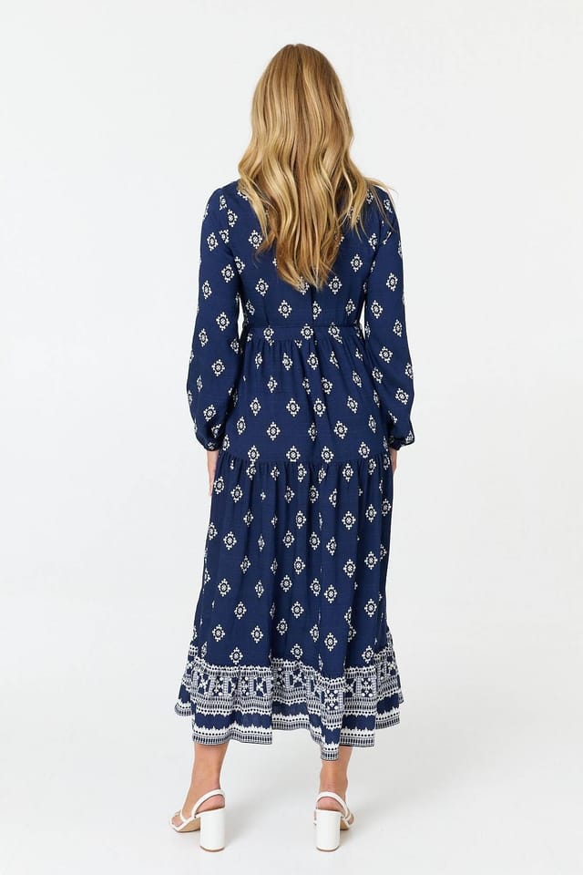Izabel London Izabel London Women's Printed Long Sleeve Smocked Maxi Dress in Navy - 3