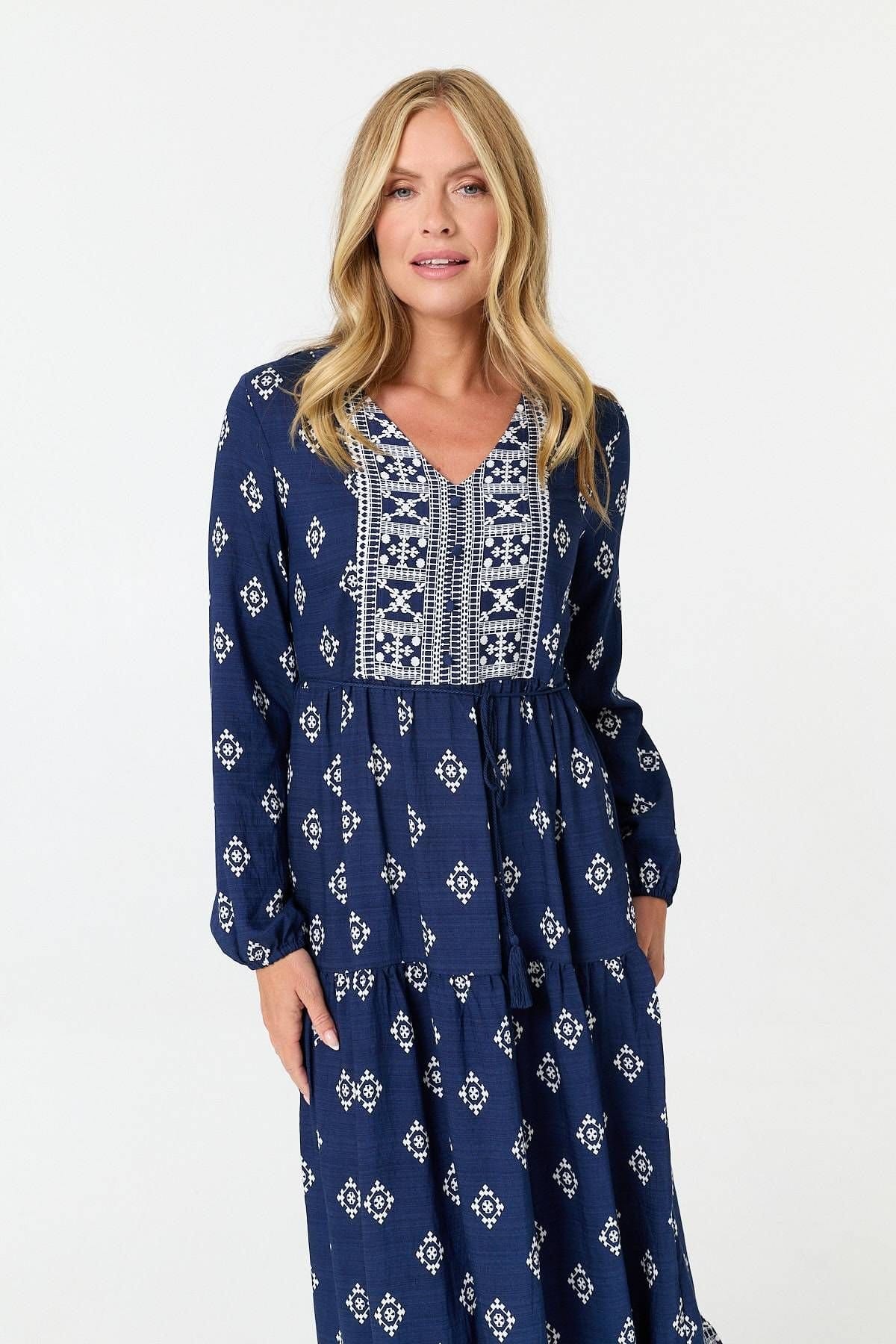 Izabel London Izabel London Women's Printed Long Sleeve Smocked Maxi Dress in Navy - 4