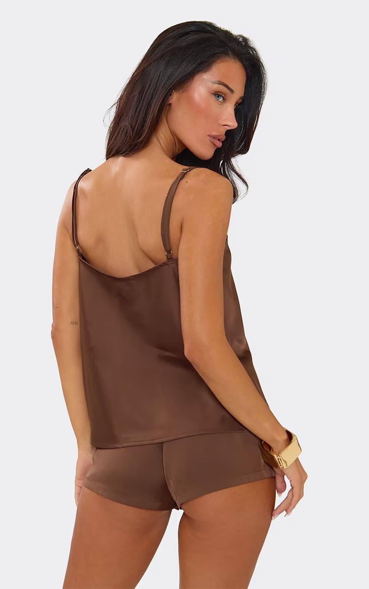 EGO Mid Rise Mini Shorts In Chocolate Brown Satin, Women's Size UK 10