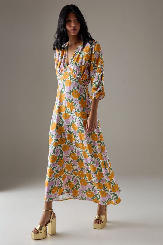 Warehouse Warehouse Women's Viscose Floral V Neck Puff Sleeve Midi Dress - 2