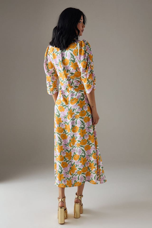 Warehouse Warehouse Women's Viscose Floral V Neck Puff Sleeve Midi Dress - 3