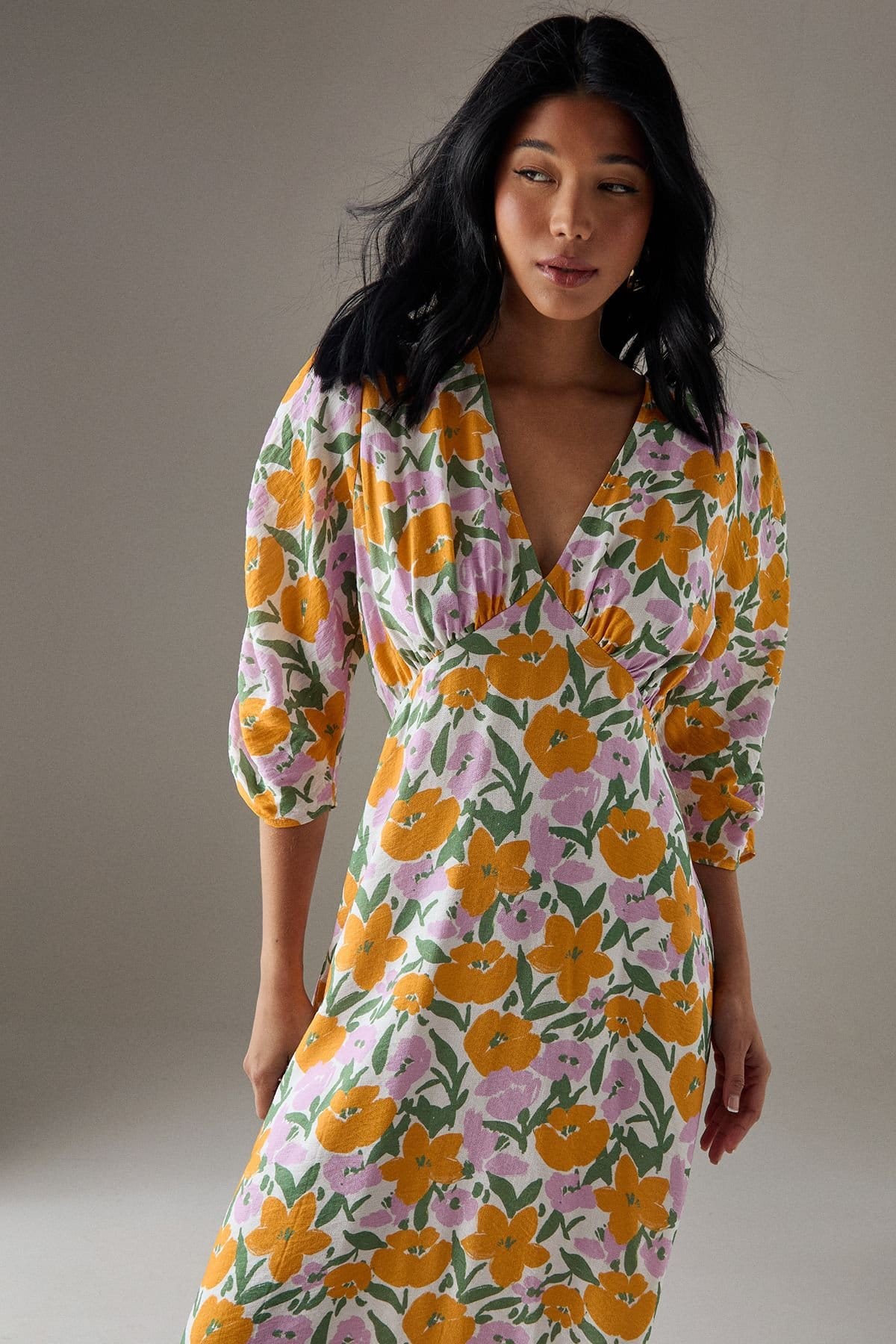 Warehouse Warehouse Women's Viscose Floral V Neck Puff Sleeve Midi Dress - 4