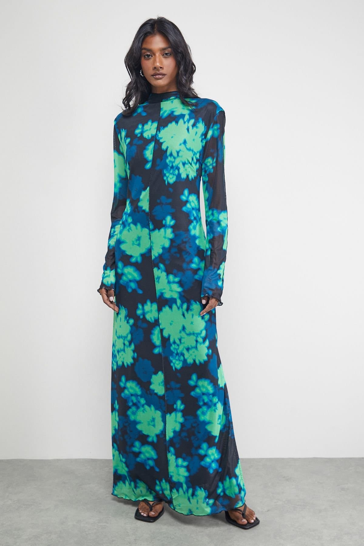 Warehouse Warehouse Women's Print Mesh Lettuce Edge Maxi Dress