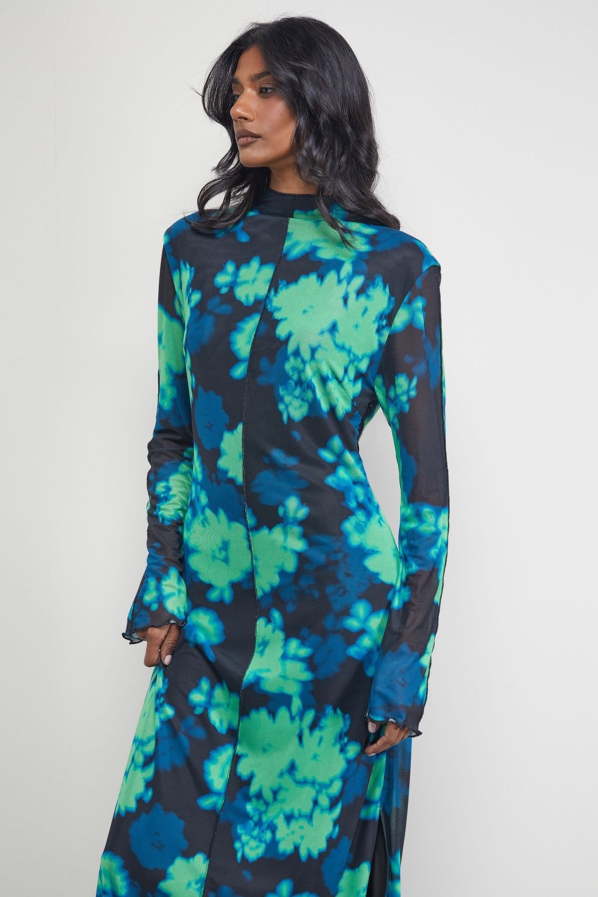 Warehouse Warehouse Women's Print Mesh Lettuce Edge Maxi Dress - 4