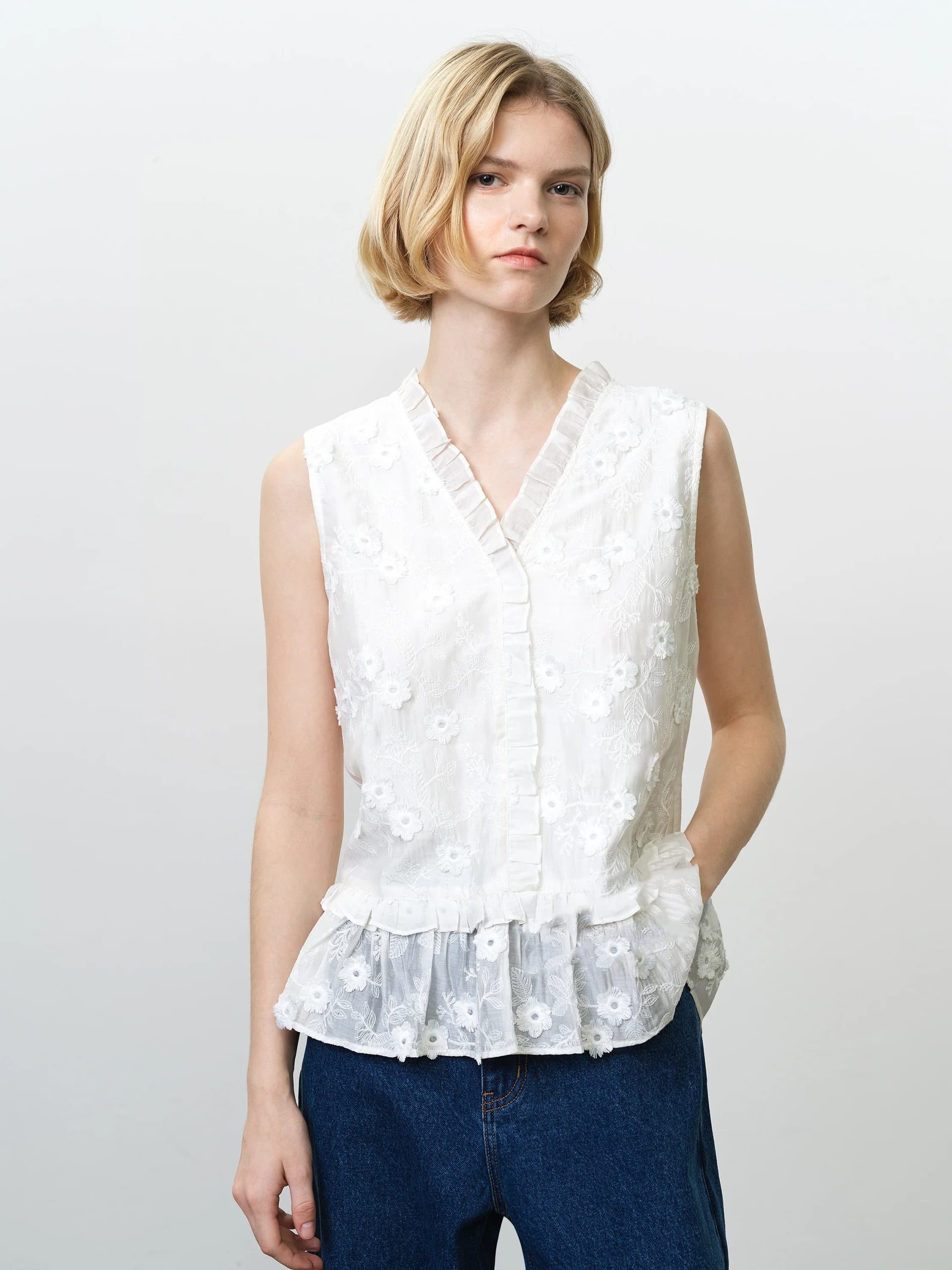 French Connection Vani Embroidered Ruffle Peplum Top Linen White