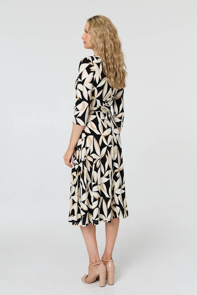 Izabel London Izabel London Women's Leaf Print 3/4 Sleeve Midi Tie Dress in Black - 3