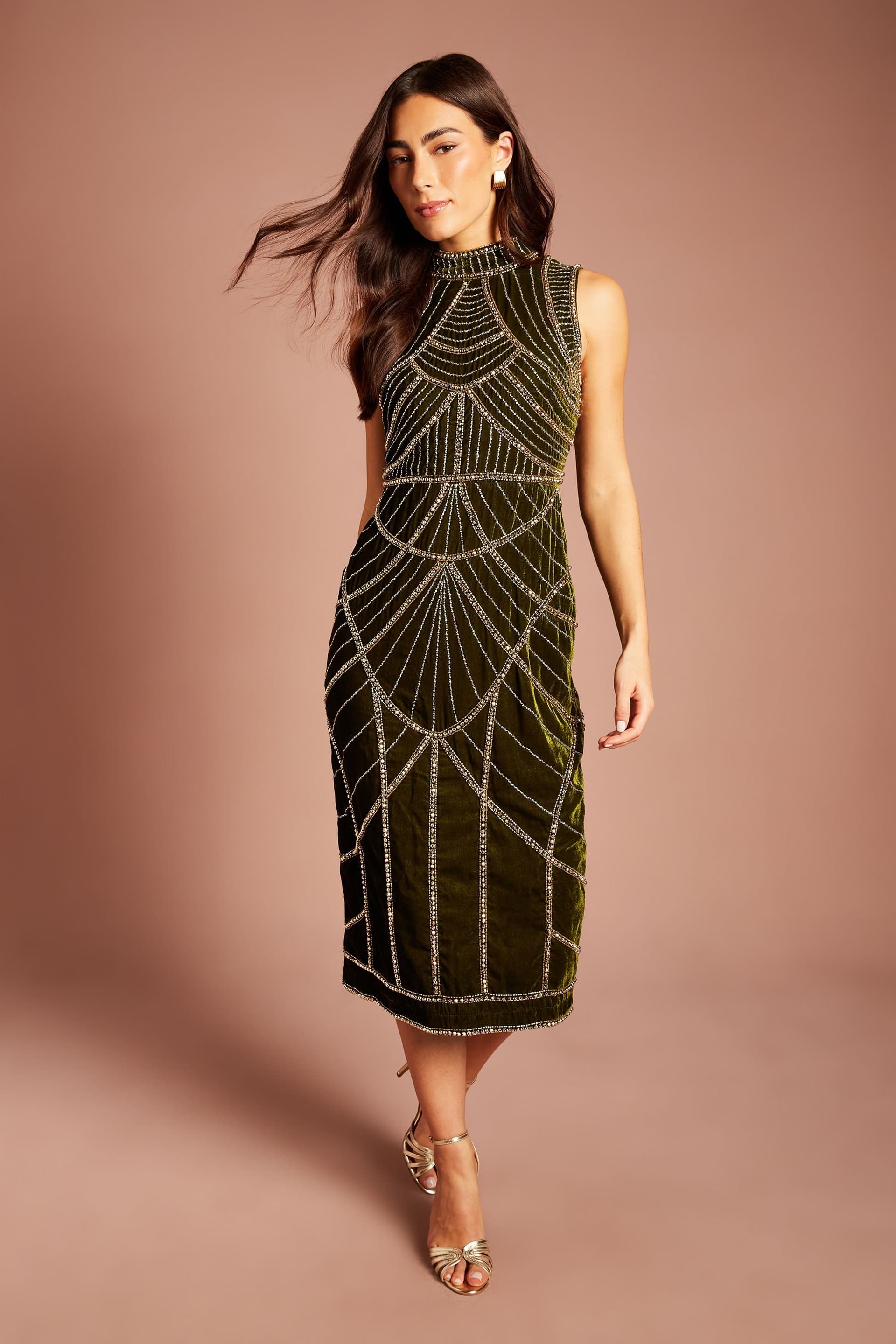 Coast Coast Women's Velvet Sleeveless Embellished Midi Dress in Olive