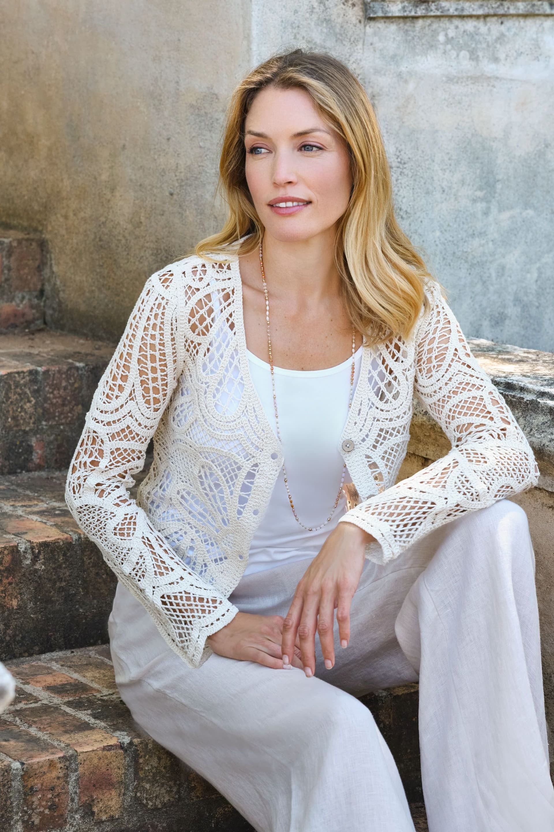 WoolOvers WoolOvers Women's V Neck Crochet Cardigan in Cream
