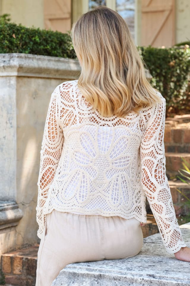WoolOvers WoolOvers Women's V Neck Crochet Cardigan in Cream - 3