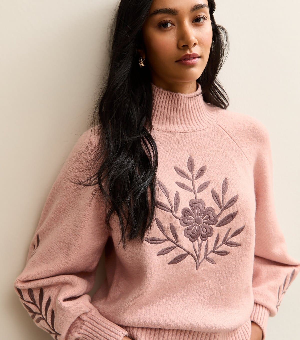 New Look Women's Pink Floral Embroidery High Neck Jumper New Look