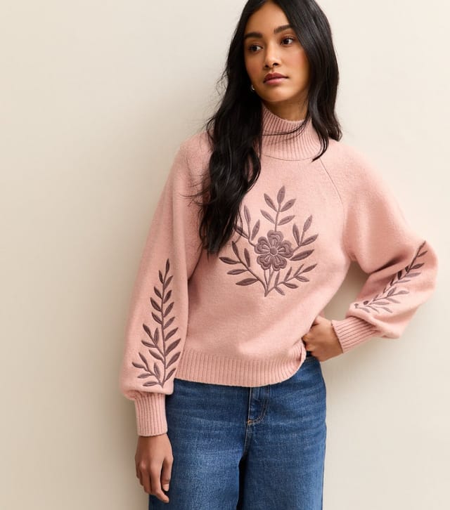 New Look Women's Pink Floral Embroidery High Neck Jumper New Look - 2
