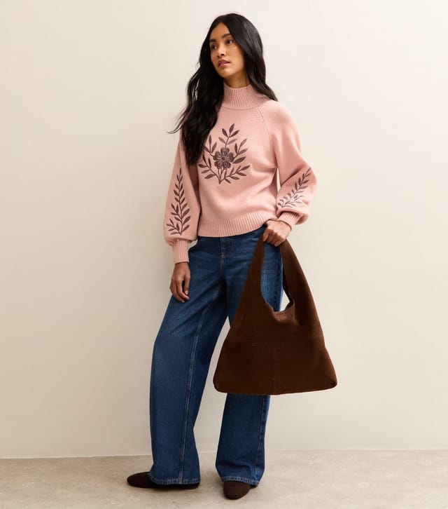 New Look Women's Pink Floral Embroidery High Neck Jumper New Look - 3