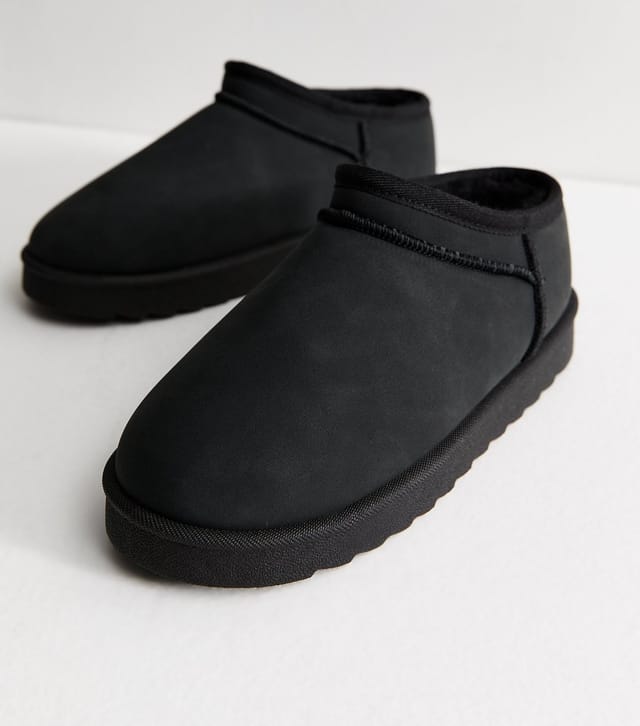 New Look Women's Black Faux Suede Low Top Sherpa Lined Slipper Boots Vegan New Look - 3