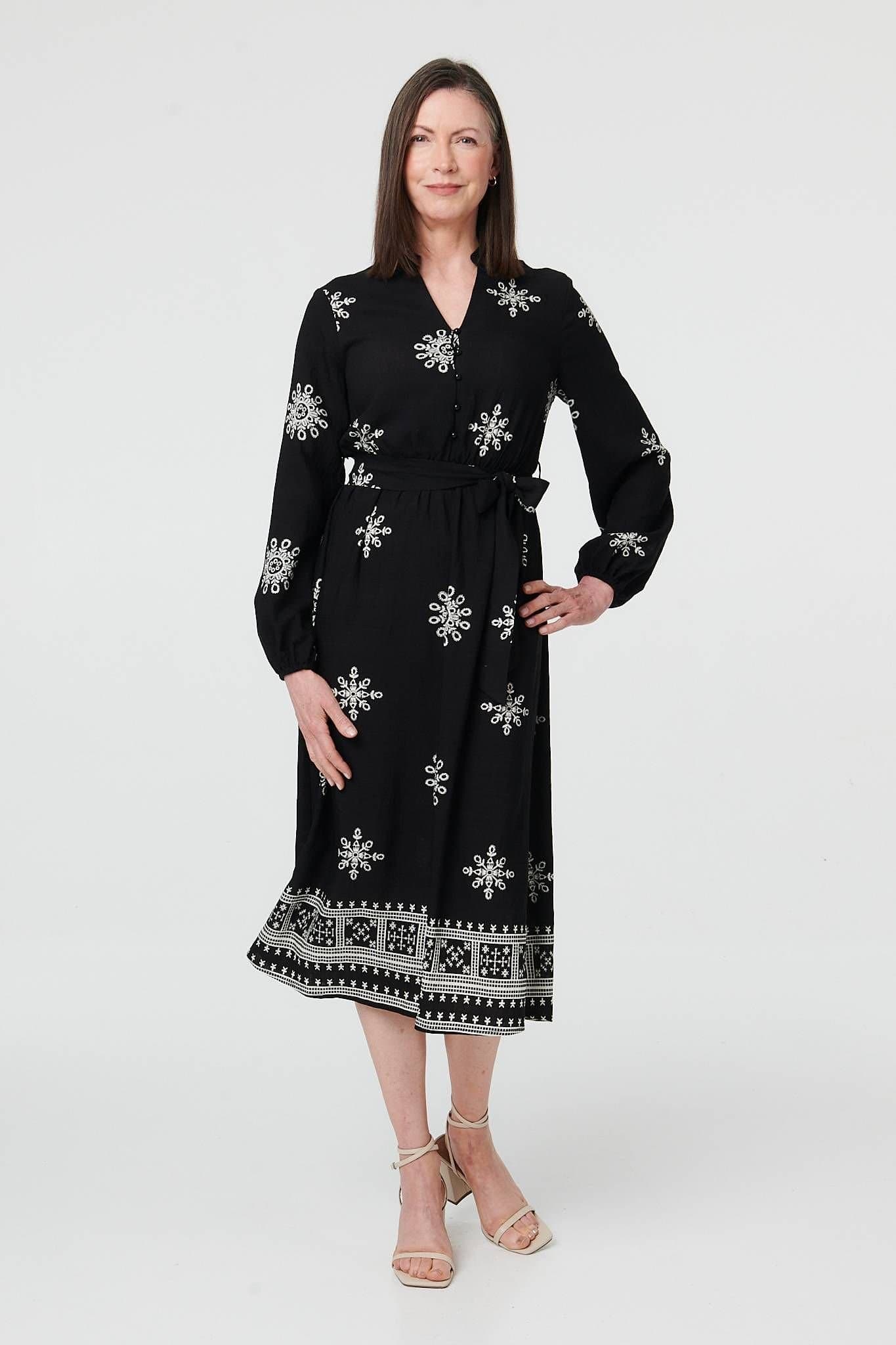 Izabel London Izabel London Women's Border Print Tie Waist Midi Wrap Dress in Black