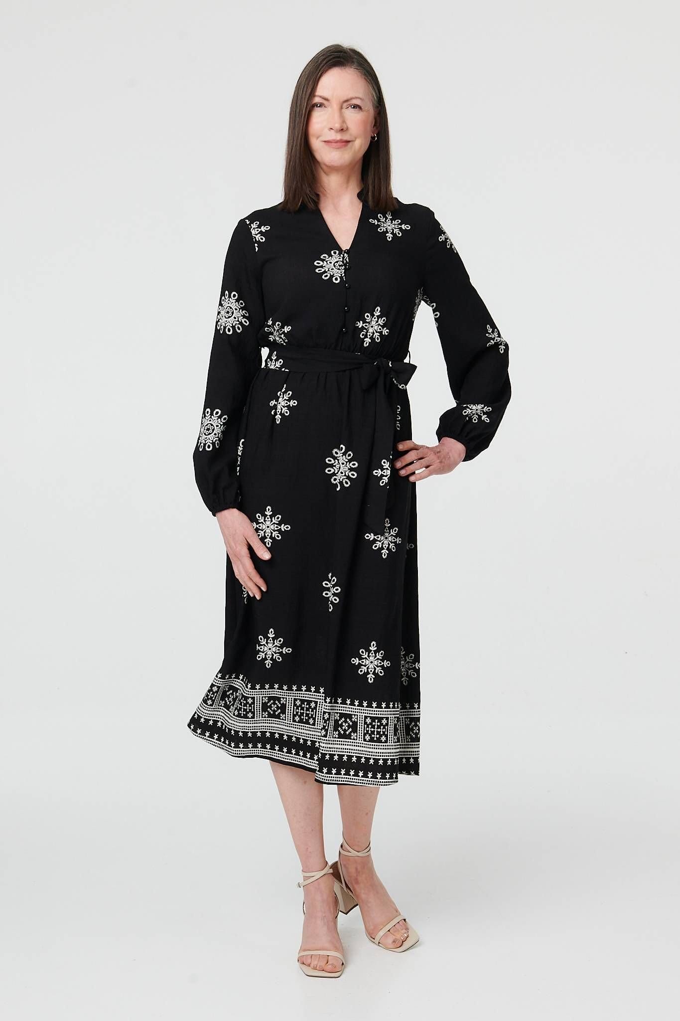 Izabel London Black Border Print Tie Waist Midi Wrap Dress