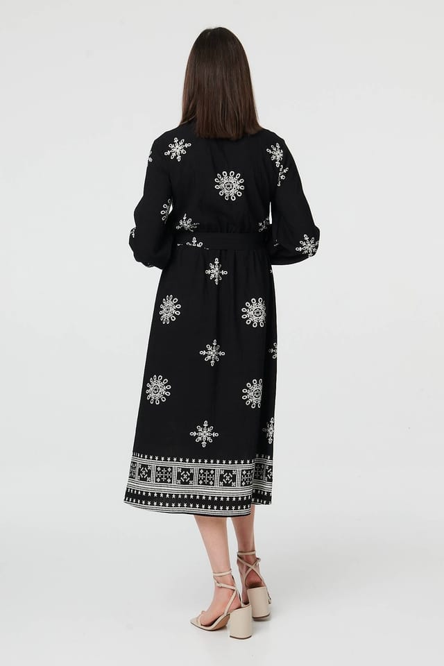 Izabel London Izabel London Women's Border Print Tie Waist Midi Wrap Dress in Black - 3