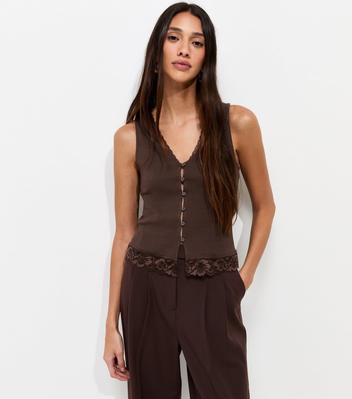 New Look Women's Dark Brown Lace Trim Button Up Rib Vest New Look
