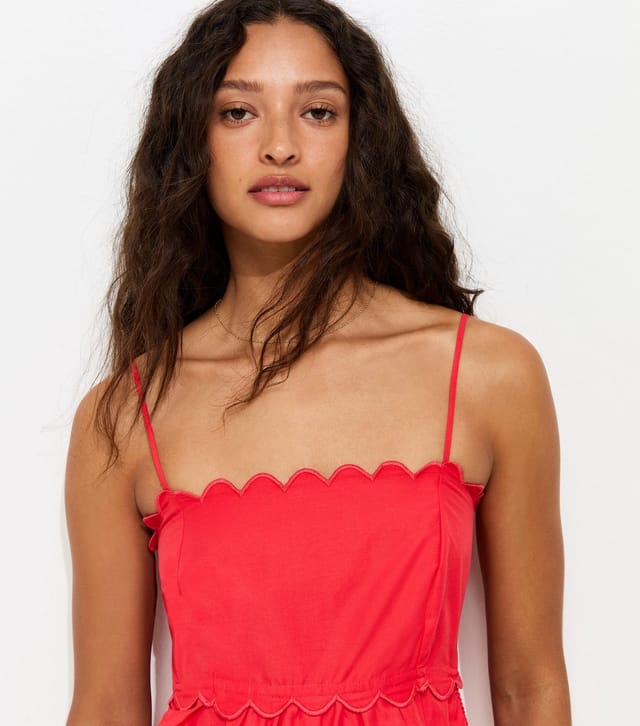 New Look Women's Dark Coral Scalloped Edge Strappy Poplin Midi Dress New Look - 3