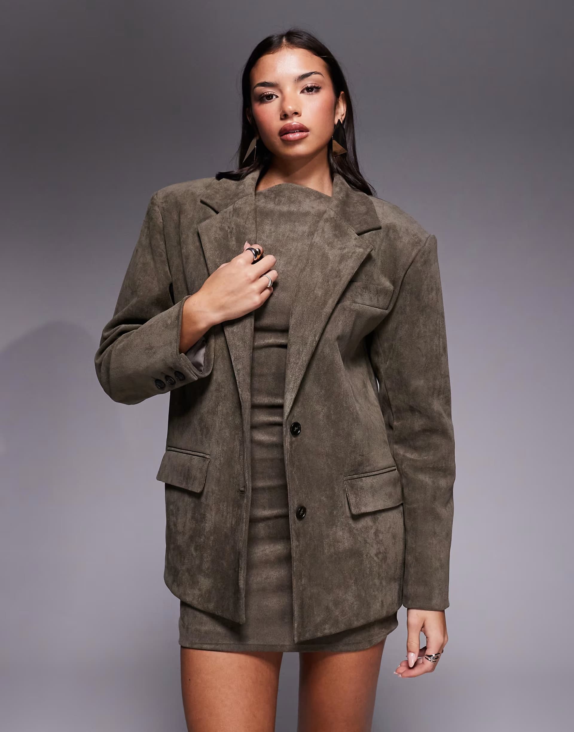 ASOS Wanderdoll faux suede dropped shoulder oversized blazer co-ord in taupe