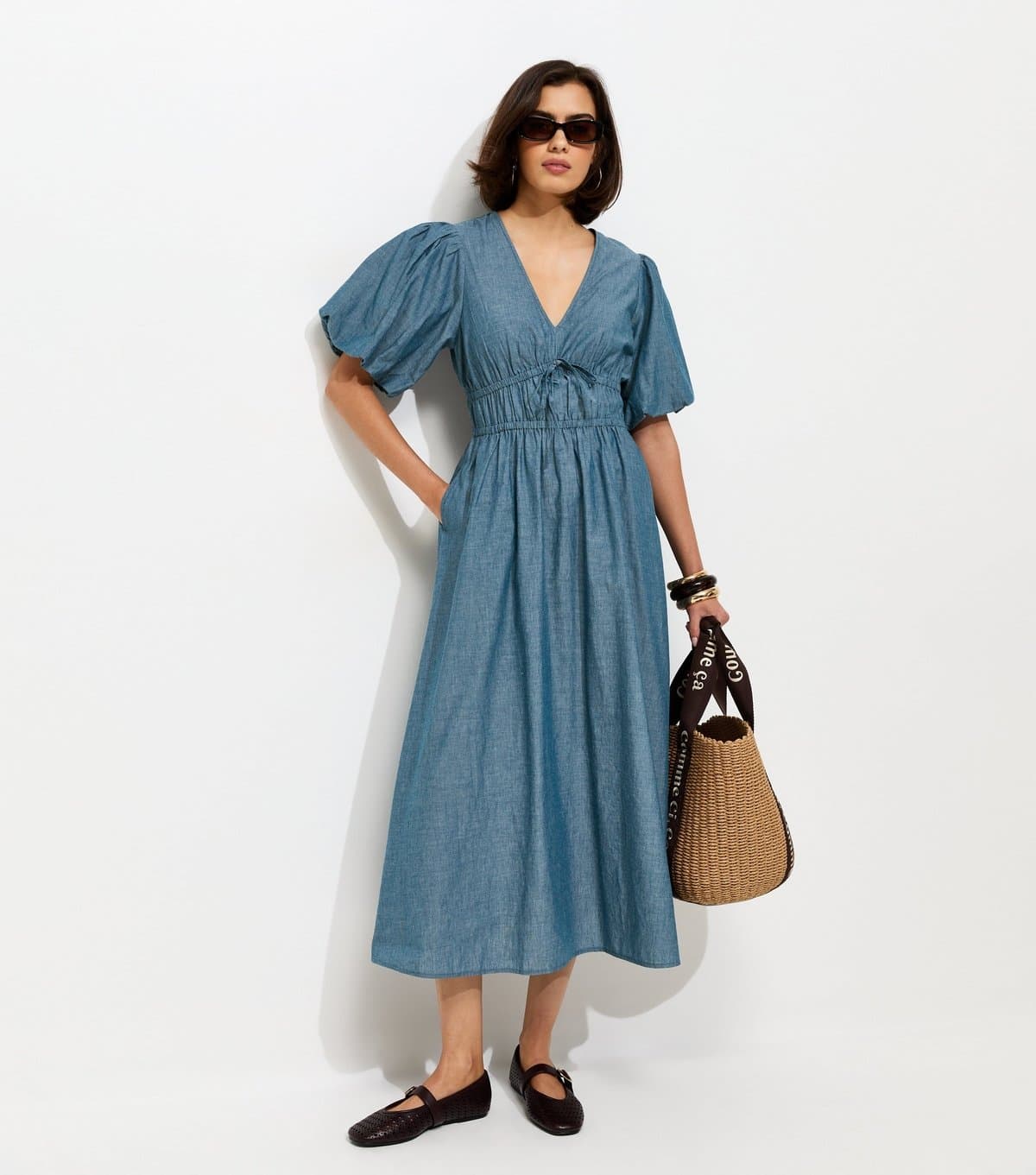 New Look Women's Light Blue Cotton Chambray Puff Sleeve Midi Dress New Look