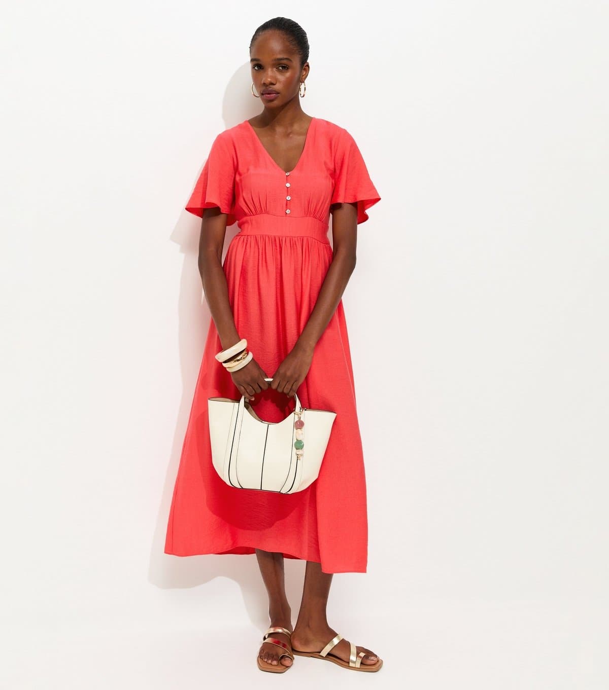 New Look Women's Coral Frill Sleeve V Neck Midi Dress New Look