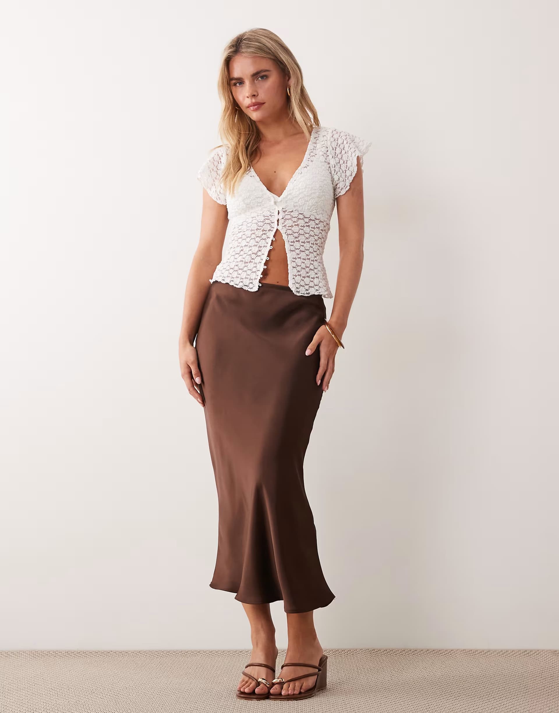 ASOS New Look Petite satin bias midi skirt in dark brown