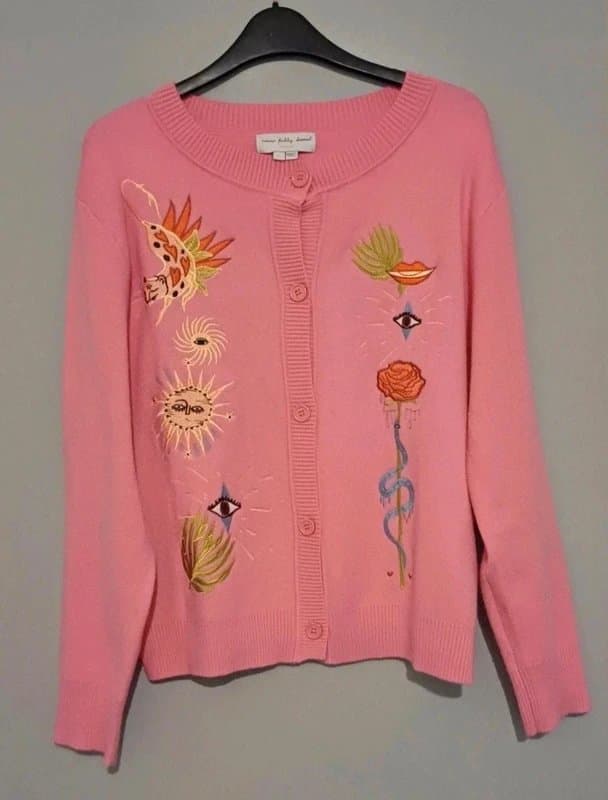 Never Fully Dressed Never Fully Dressed Pink Enchanted Icons Embroidered Cardigan- size L (14/16)
