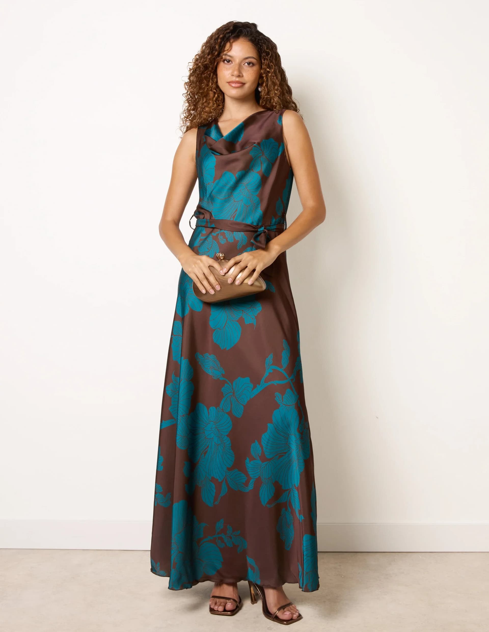 Blue Vanilla Floral Satin Cowl Neck Dress