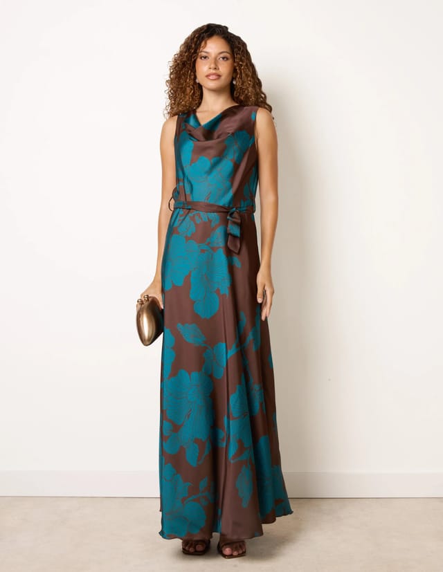 Blue Vanilla Floral Satin Cowl Neck Dress - 2