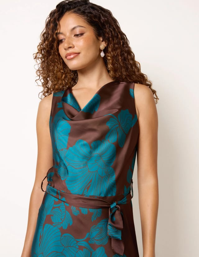 Blue Vanilla Floral Satin Cowl Neck Dress - 3