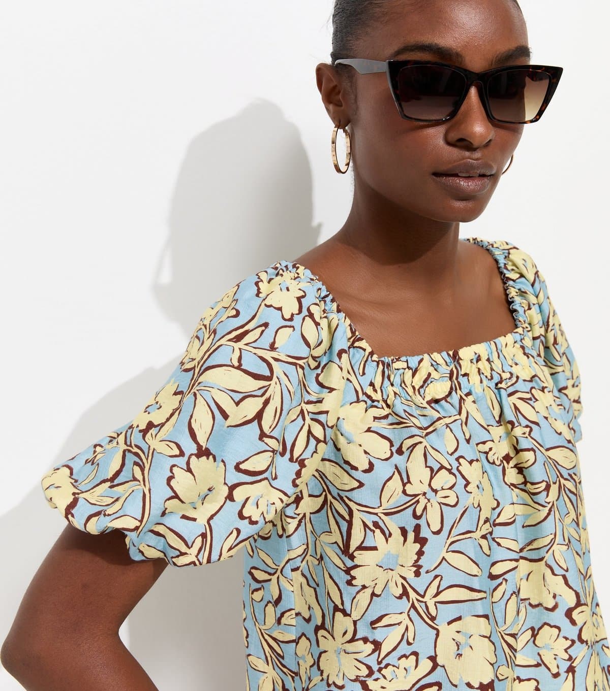 New Look Women's Blue Floral Print Square Neck Blouse New Look