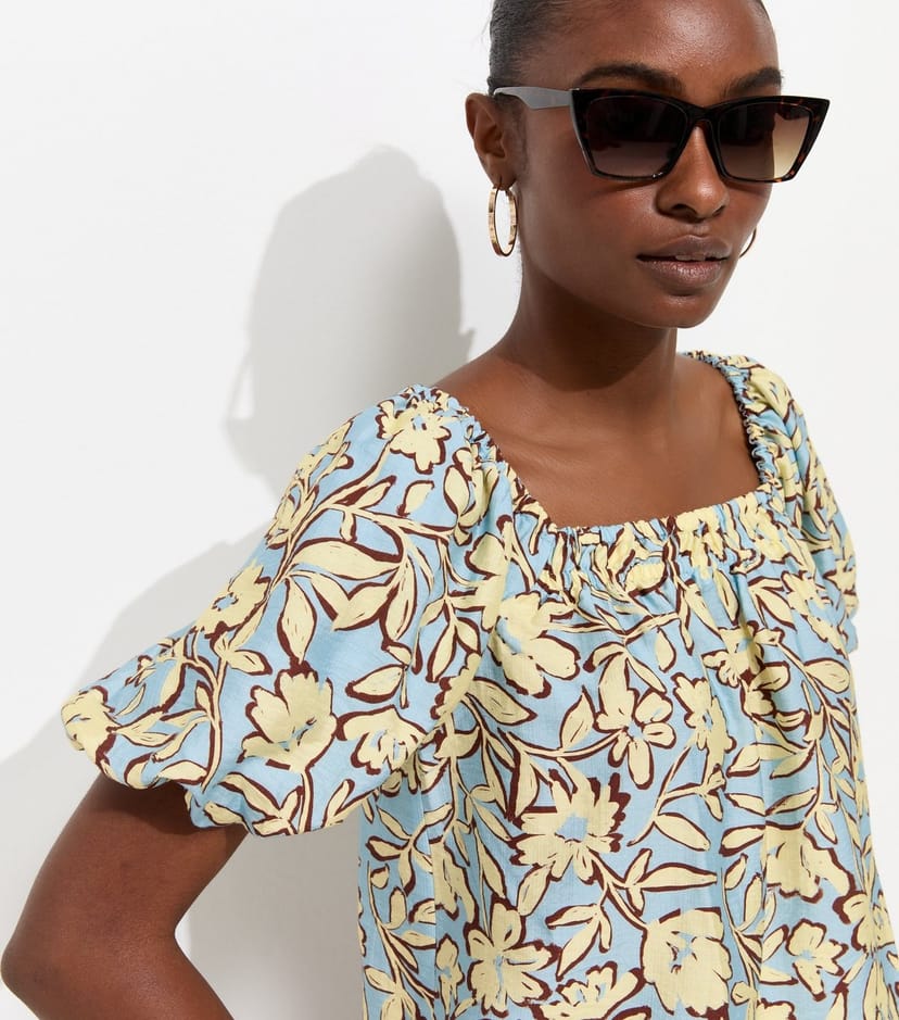 New Look Women's Blue Floral Print Square Neck Blouse New Look - 1