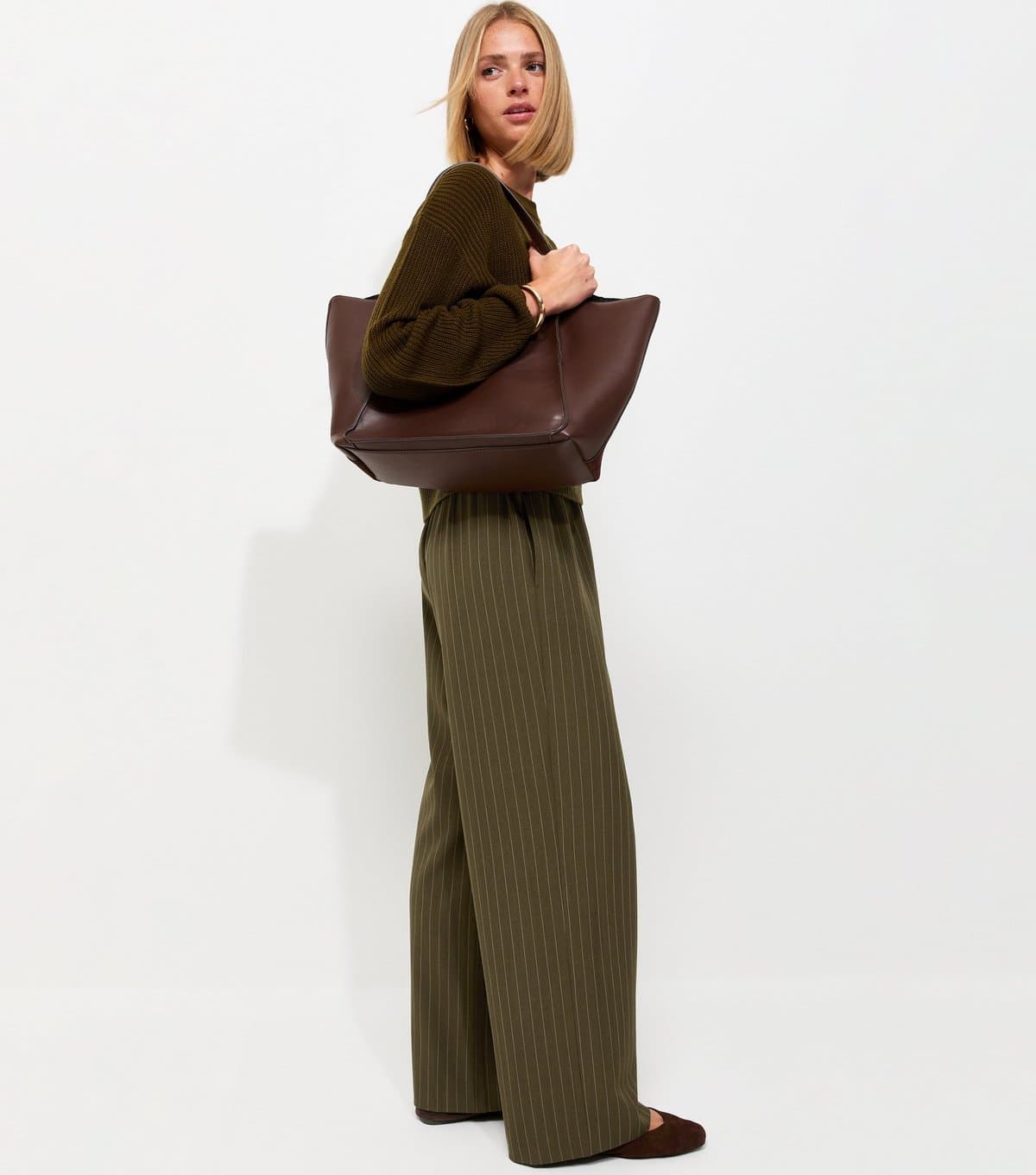 New Look Women's Green Pinstripe Tailored Wide Leg Trousers New Look