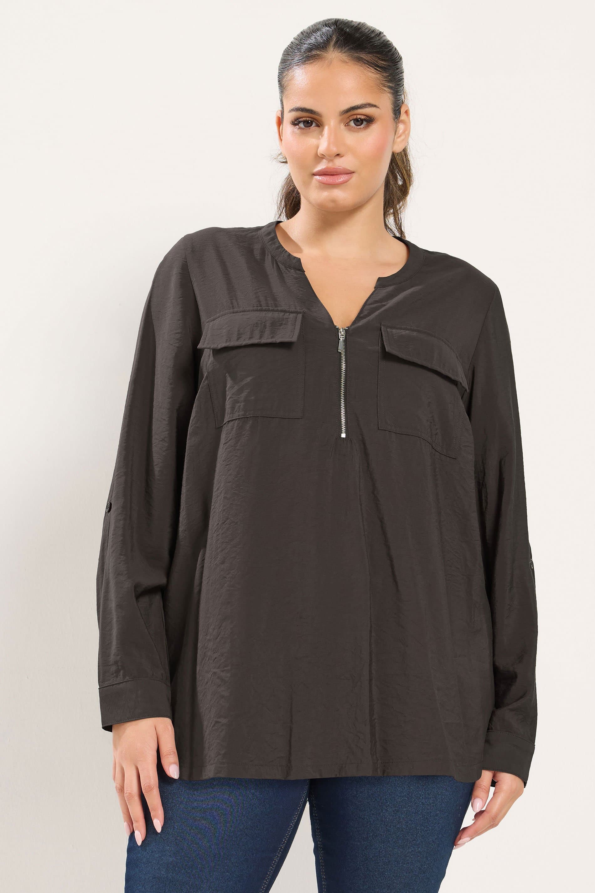 Yours Plus Size Chocolate Brown Zip Detail Blouse