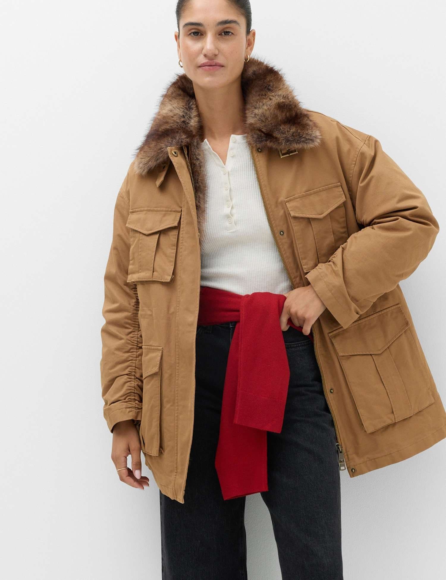 Marks & Spencer M&S Pure Cotton Faux Fur Trim Parka Jacket Brown