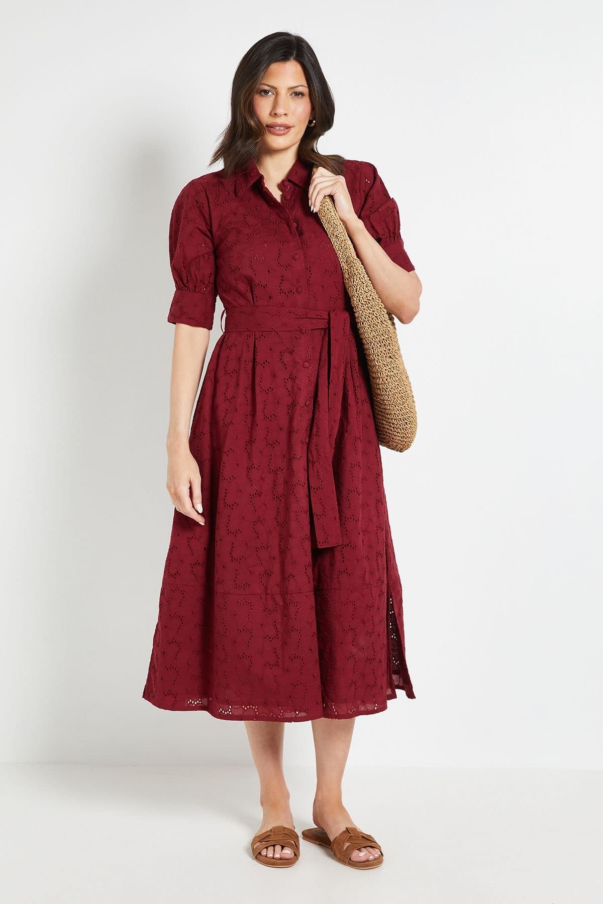 Wallis Wallis Women's Broderie Belted Shirt Dress in Burgundy