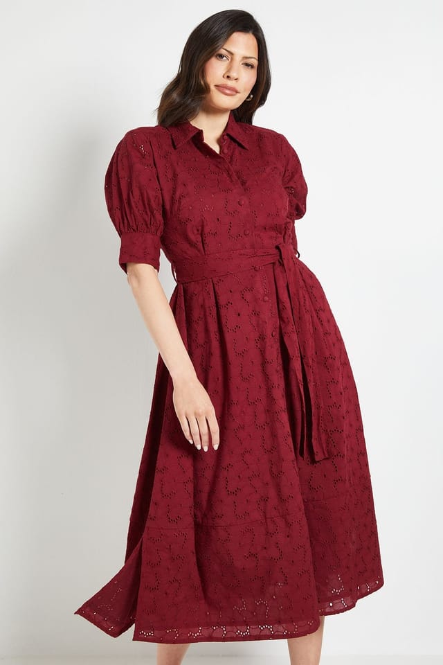 Wallis Wallis Women's Broderie Belted Shirt Dress in Burgundy - 2
