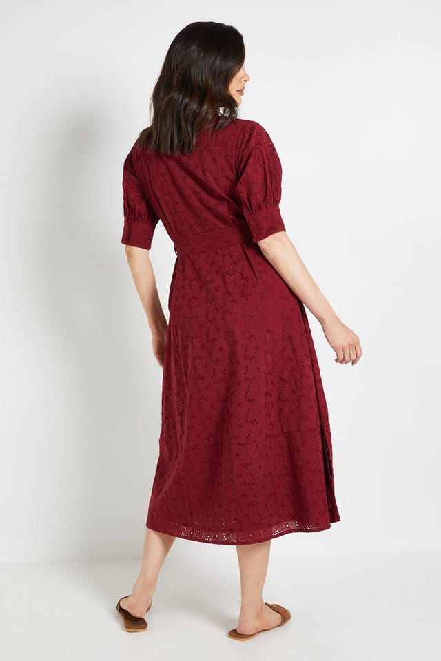 Wallis Wallis Women's Broderie Belted Shirt Dress in Burgundy - 3