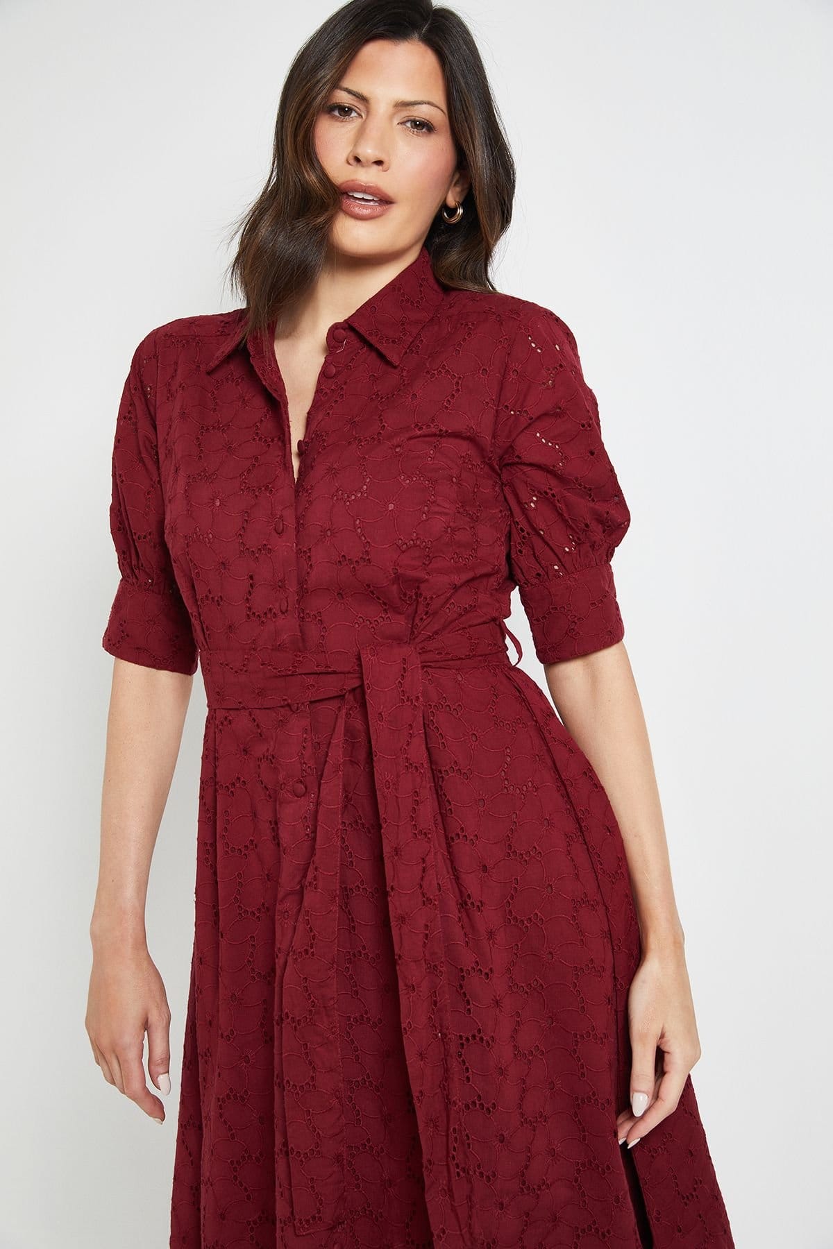 Wallis Wallis Women's Broderie Belted Shirt Dress in Burgundy - 4