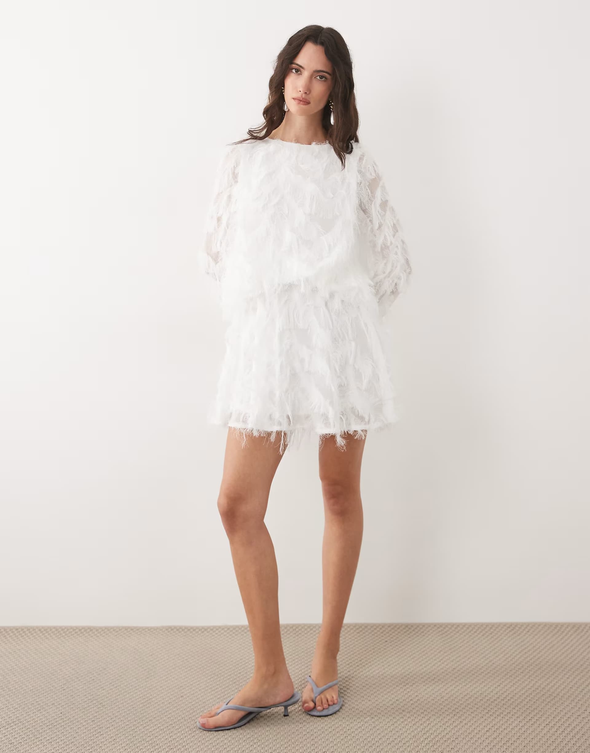 ASOS TFNC faux feather bell sleeve babydoll mini dress in white