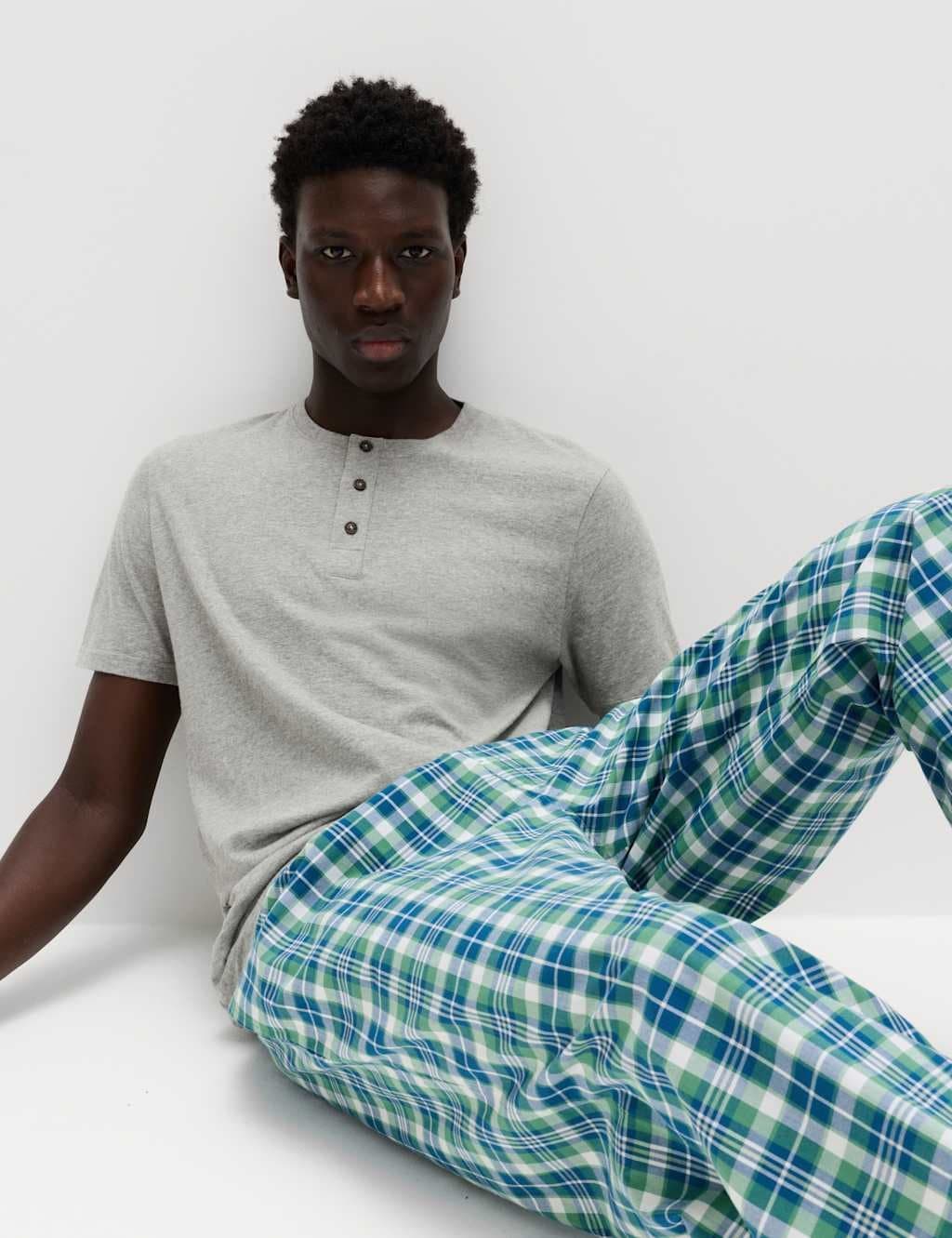 Marks & Spencer M&S Pure Cotton Henley Checked Pyjama Set Grey Mix